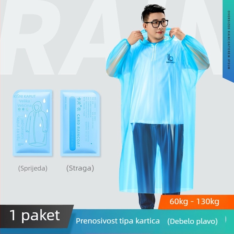 Jednokratno kišno pončo za odrasle, prozirno, PE materijal, debljina 0,02 mm