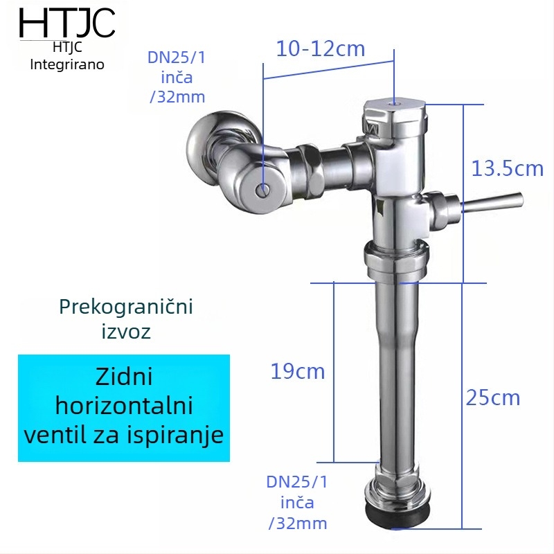 Ručno pritisni ventil za pranje WC-a od mesinga, model XS-WMWS001, vrijeme ispiranja 5–8 s, izlaz 32 mm, radni tlak 10 MPa