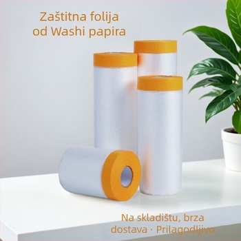 Folija za zaštitu pri bojama s papirnom pozadinom i PE materijalom za maskiranje i zaštitu od prašine (Debljina: 0.6–0.7 mm; Materijal: PE + japanski papir; Ljepljivi sustav: papirna podloga; Primjena: automobili, brodovi, vlakovi, kabine, namještaj)