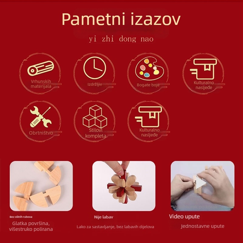 Drveni set Kongming/Luban zagonetke za dječake – edukativna mozgalica za rano obrazovanje, brain teaser, prilagodba logotipa DIY, uzrast 7–14 godina