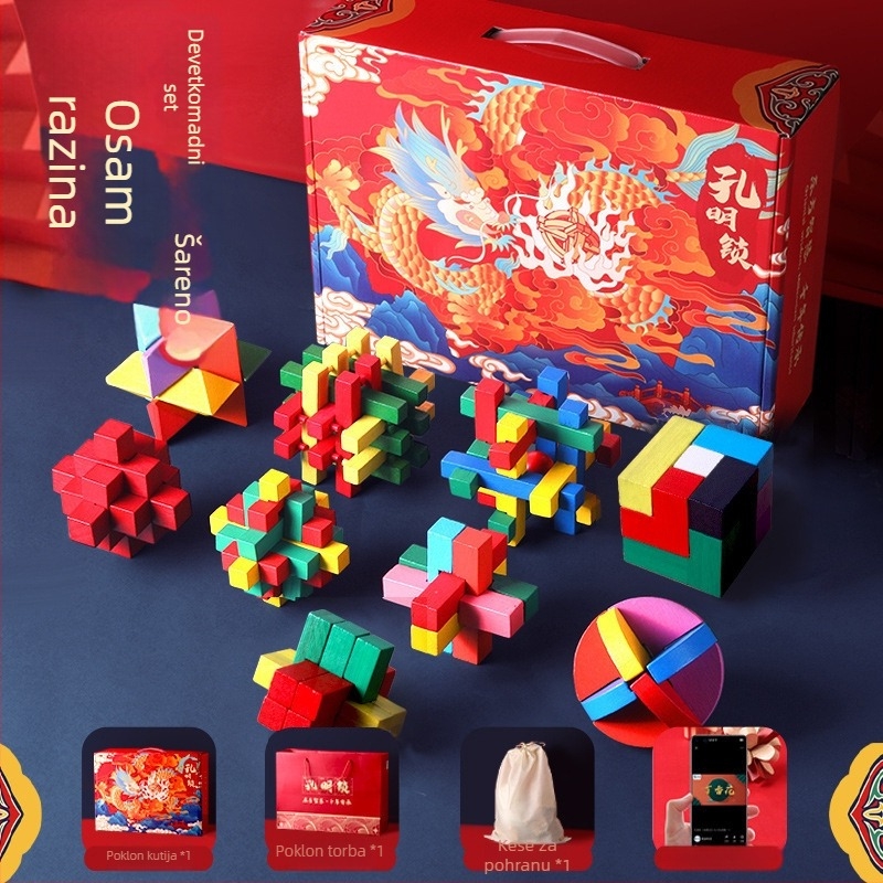 Drveni set Kongming/Luban zagonetke za dječake – edukativna mozgalica za rano obrazovanje, brain teaser, prilagodba logotipa DIY, uzrast 7–14 godina
