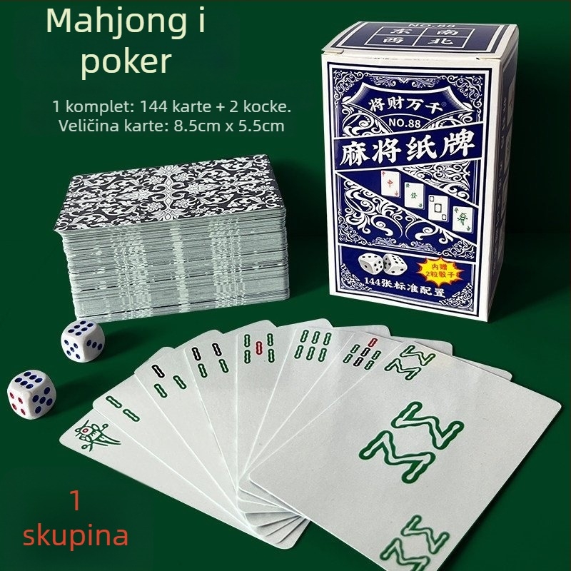 Skup karata za stolne igre Mahjong i poker, debeli karti, 144 kartica, prijenosni putni set, 108 Mahjong pločica, otporan na preklapanje