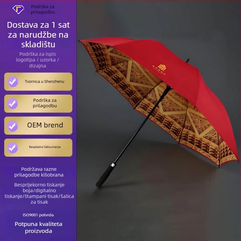 Dugi kišobran s dvostrukim slojem i prilagođenim logom, 190T Impact platno, 8 rebara od vlakna, automatsko otvaranje, EVA drška