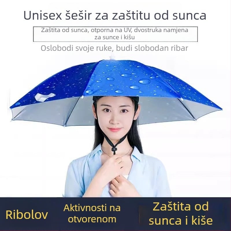 Šešir-kišobran na glavi s 8 rebara željeznog okvira, poliester 170T, plastična šipka i drška, ručno otvaranje i zatvaranje, pogodno za vanjske aktivnosti (ribolov, fotografiranje)