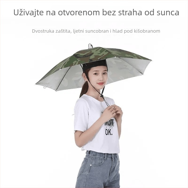 Šešir-kišobran na glavi s 8 rebara željeznog okvira, poliester 170T, plastična šipka i drška, ručno otvaranje i zatvaranje, pogodno za vanjske aktivnosti (ribolov, fotografiranje)