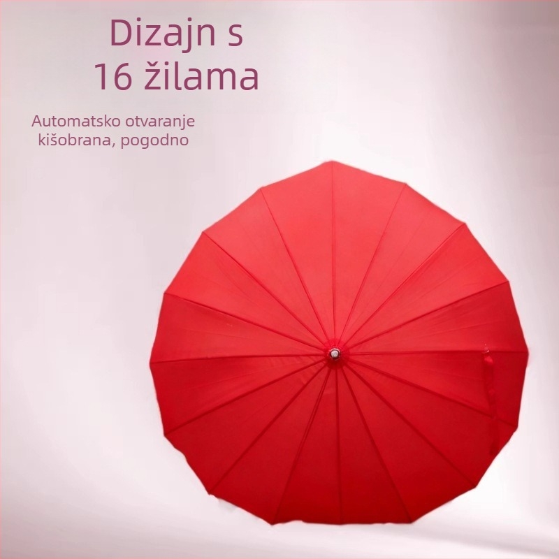 Srcolni svadbeni kišobran, automatsko otvaranje, 16 krakova, aluminijski središnji štap, tkanina 190T Impact Cloth, prilagodljiv