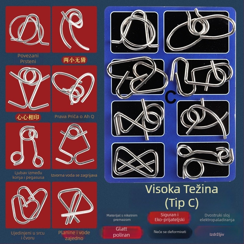 Puzzle s željeznim prstenima, 8 dijelova za razvoj kognitivnih sposobnosti