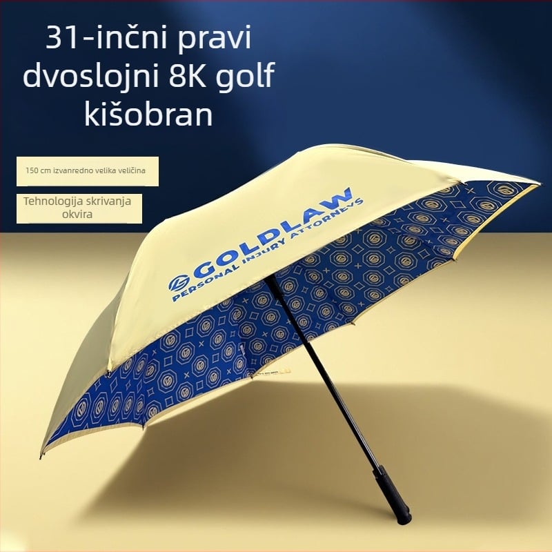Luksuzni dvostruko složeni golf kišobran, automatsko otvaranje, duga drška, povećana otpornost na vjetar, prilagođeni uzorak i otisak logotipa.