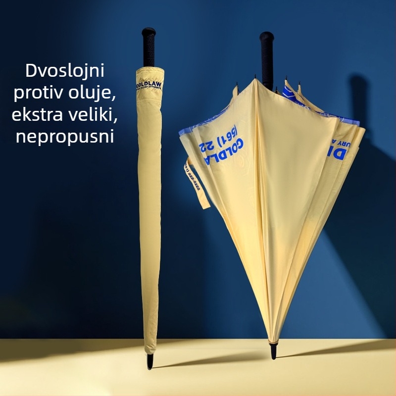 Luksuzni dvostruko složeni golf kišobran, automatsko otvaranje, duga drška, povećana otpornost na vjetar, prilagođeni uzorak i otisak logotipa.