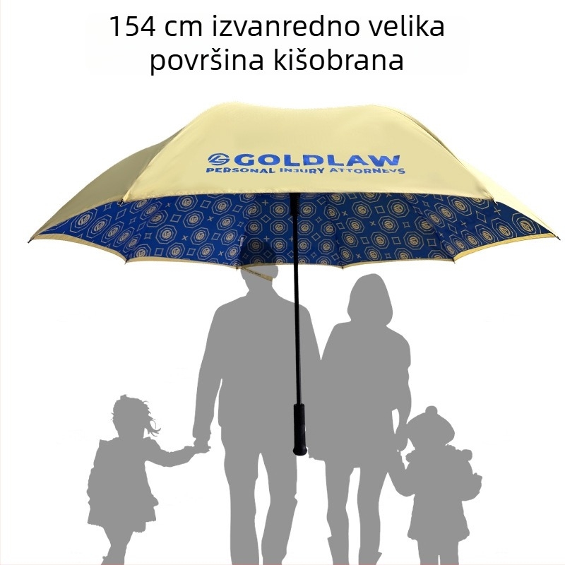 Luksuzni dvostruko složeni golf kišobran, automatsko otvaranje, duga drška, povećana otpornost na vjetar, prilagođeni uzorak i otisak logotipa.