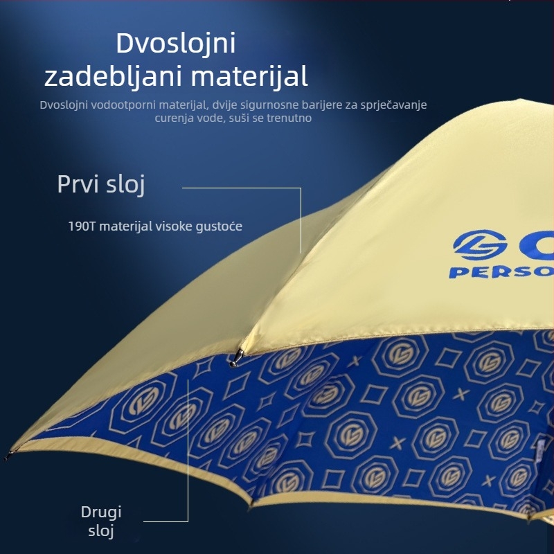 Luksuzni dvostruko složeni golf kišobran, automatsko otvaranje, duga drška, povećana otpornost na vjetar, prilagođeni uzorak i otisak logotipa.