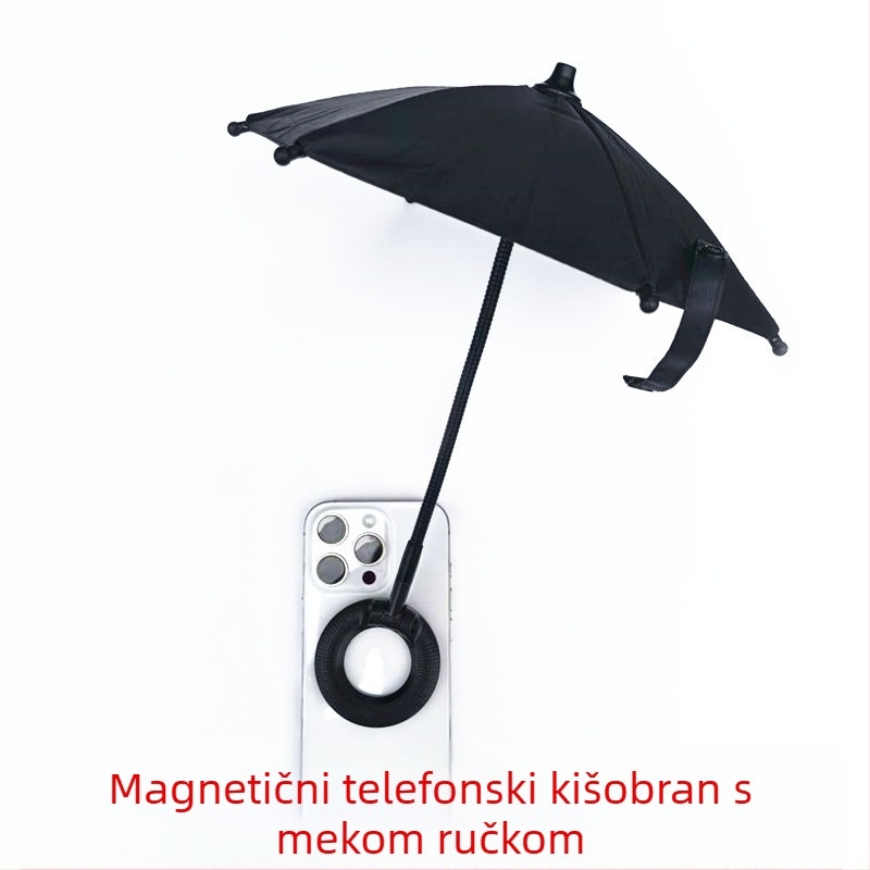 Mali magnetski kišobran s mekanom ručkom za mobitele, 6 krila, ručno otvaranje i zatvaranje, ručka od željeza, tkanina 190T