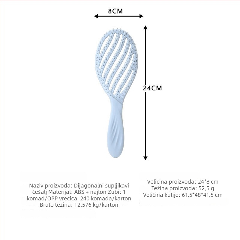 Četka za kosu, dvostruka upotreba mokro i suho, zakrivljeni dizajn, šuplja unutrašnjost, masažna funkcija, PP plast