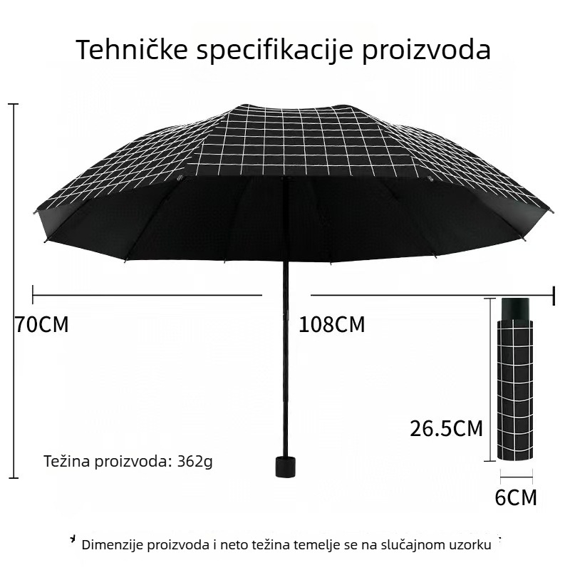 Vinil karirani sklopivi kišobran s UPF 30+ zaštitom od sunca, ručno otvaranje/zatvaranje, okvir od željeza s 10 rebara, tkanina 190T vinil, mogućnost otiska logotipa