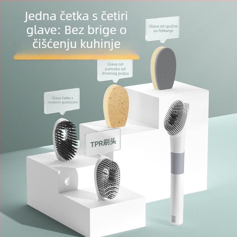 Plastična četka za posuđe s dugim držalom, četiri u jednom: spužva i abrazivna podloga