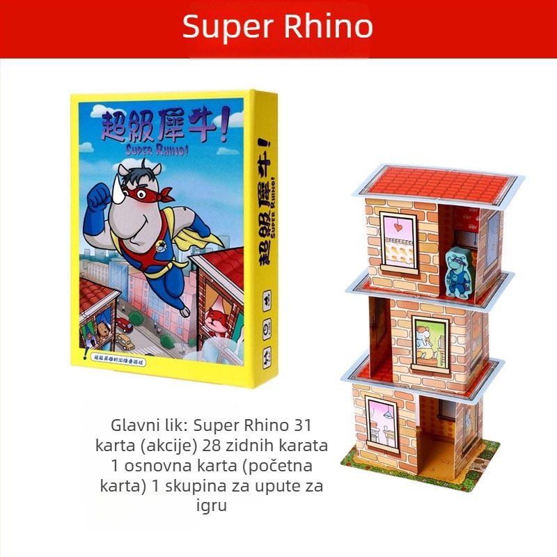 Super Rhino društvena igra s karticama — Edukativna obiteljska igra za djecu, 3D slaganje za 2–4 igrača; Materijal: papir; Proizvođač: Hengxi; Kategorija: kartične društvene igre; Razvoj sposobnosti: Emocije