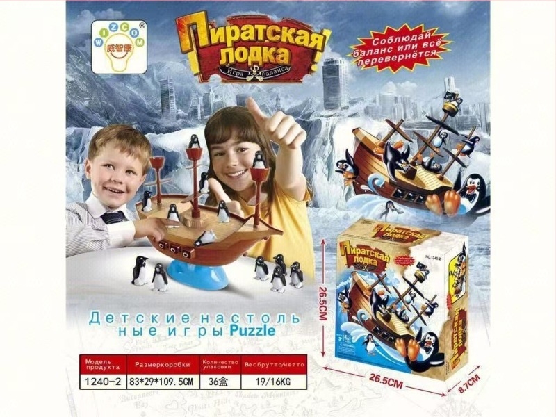 Stolna igra ravnoteže s pingvin-piratskim brodom – interaktivna, potiče komunikaciju roditelja i djece te razvoj interesa; plastična konstrukcija; pakiranje u šarenoj kutiji; za dob 7–14 godina.