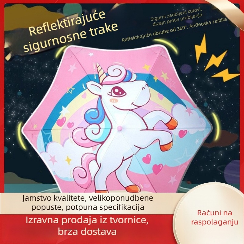 Dječji kišobran s zaobljenim bridovima i crtanom dizajnom, vinilna navlaka, 190T tkanina, 6 letvi, reflektirajuća traka, ručno otvaranje