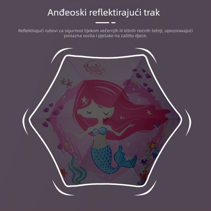 Dječji kišobran s zaobljenim bridovima i crtanom dizajnom, vinilna navlaka, 190T tkanina, 6 letvi, reflektirajuća traka, ručno otvaranje