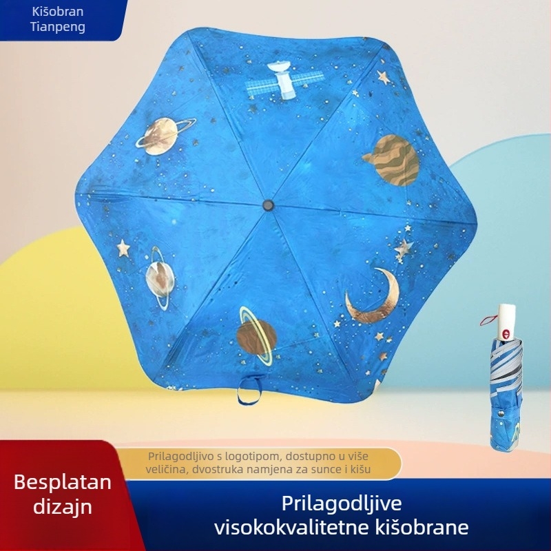 Dječji kišobran s crtanom dizajnom, trodjelni automatsko otvaranje, aluminijski okvir s 6 rebara, sigurni zaobljeni rubovi, dvostruka upotreba: sunce i kiša, UPF>50