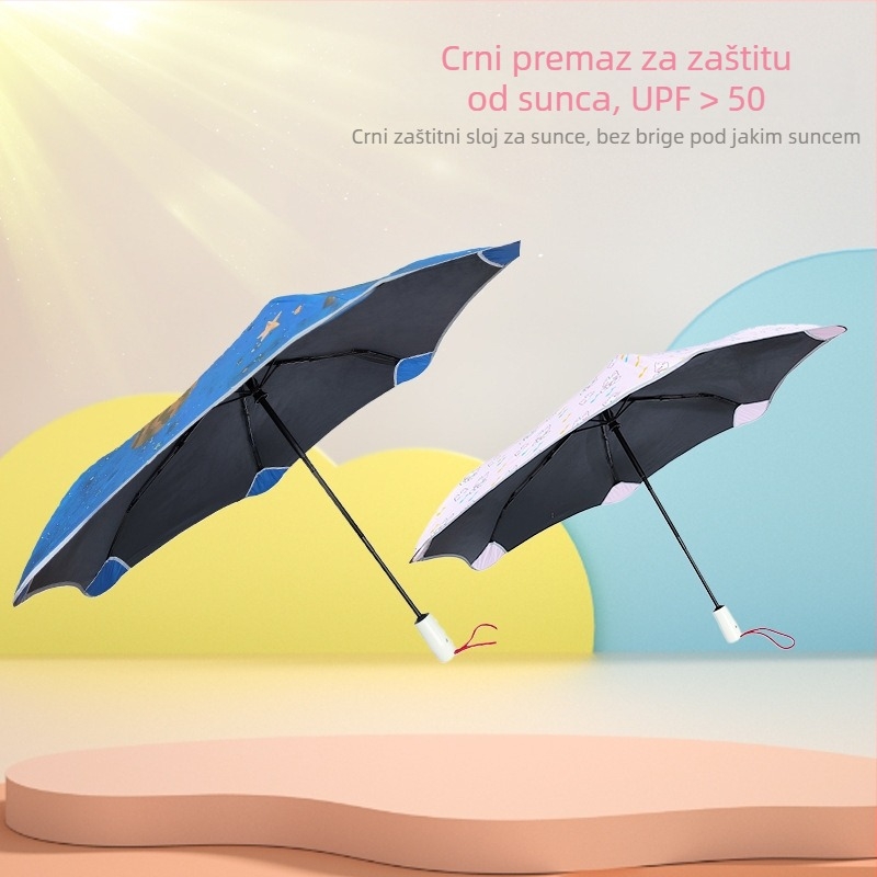 Dječji kišobran s crtanom dizajnom, trodjelni automatsko otvaranje, aluminijski okvir s 6 rebara, sigurni zaobljeni rubovi, dvostruka upotreba: sunce i kiša, UPF>50