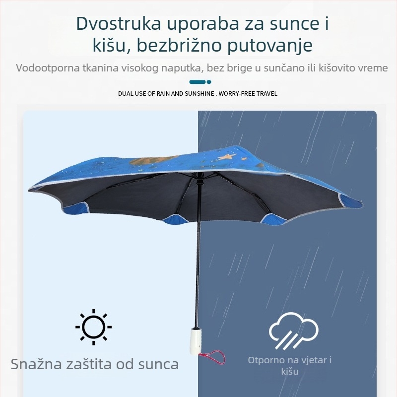 Dječji kišobran s crtanom dizajnom, trodjelni automatsko otvaranje, aluminijski okvir s 6 rebara, sigurni zaobljeni rubovi, dvostruka upotreba: sunce i kiša, UPF>50