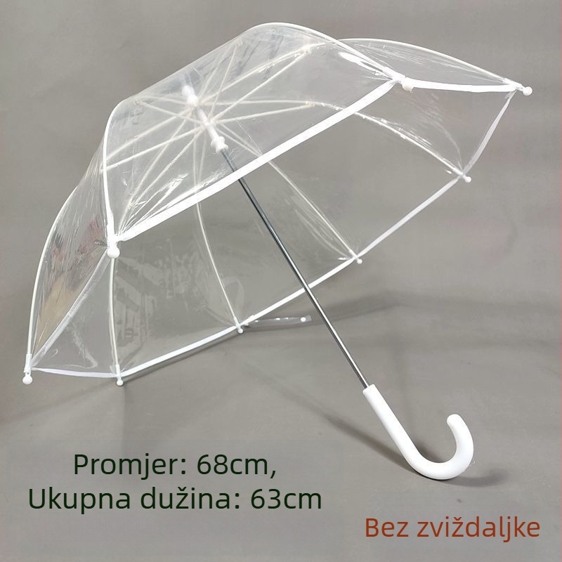 Prozirni dječji kišobran s plastičnim okvirom, plastičnim rebrima i drškom, ručno otvaranje i zatvaranje