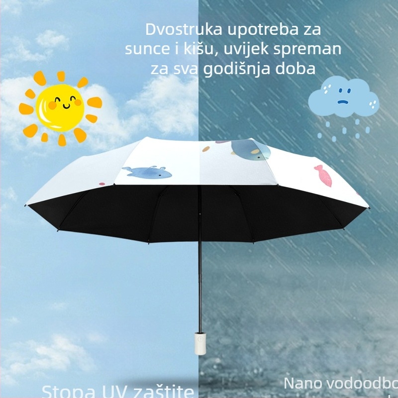 Bourgeon dječji sklopivi kišobran s karikaturnim printom, UV zaštita i crni premaz