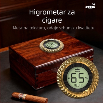 Digitalni higrometar za cigare s mjerenjem temperature i vlage: raspon temperature 0–60°C, raspon vlage 1–99% RH, rezolucija temperature 0.1°C, rezolucija vlage 1%