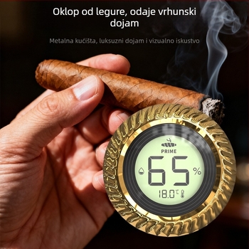 Digitalni higrometar za cigare s mjerenjem temperature i vlage: raspon temperature 0–60°C, raspon vlage 1–99% RH, rezolucija temperature 0.1°C, rezolucija vlage 1%