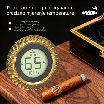 Digitalni higrometar za cigare s mjerenjem temperature i vlage: raspon temperature 0–60°C, raspon vlage 1–99% RH, rezolucija temperature 0.1°C, rezolucija vlage 1%