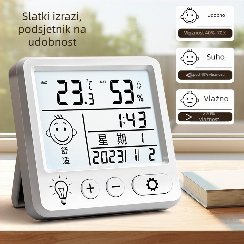 Unutarnji zidni termometar s prikazom temperature i vlage te alarmom za dječju sobu