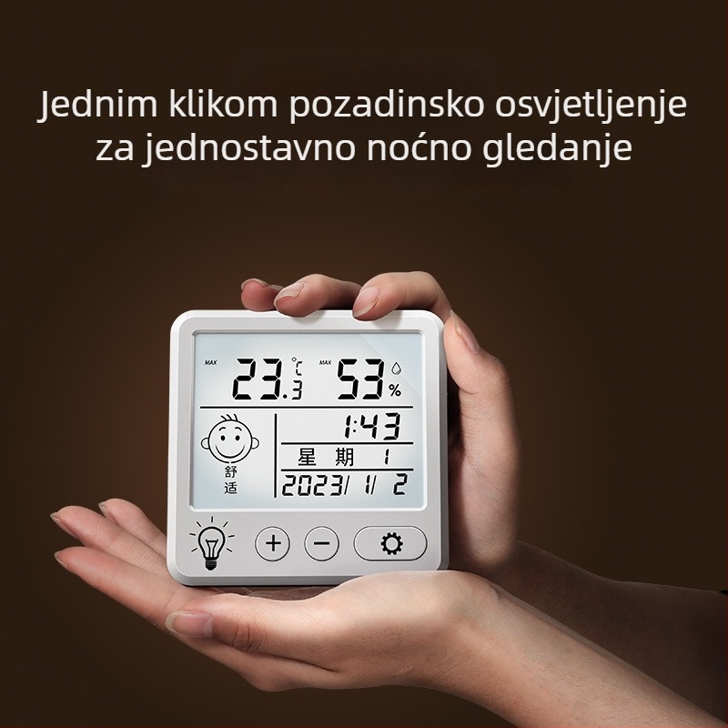 Unutarnji zidni termometar s prikazom temperature i vlage te alarmom za dječju sobu