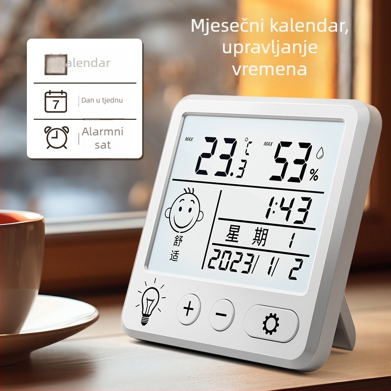 Unutarnji zidni termometar s prikazom temperature i vlage te alarmom za dječju sobu