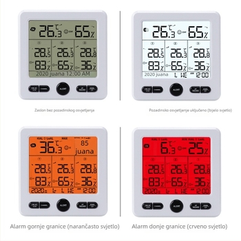 3-u-1 bežični digitalni mjerač temperature i vlage, unutarnje i vanjske upotrebe, s velikim zaslonom u boji i alarmom