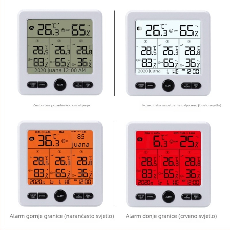 3-u-1 bežični digitalni mjerač temperature i vlage, unutarnje i vanjske upotrebe, s velikim zaslonom u boji i alarmom