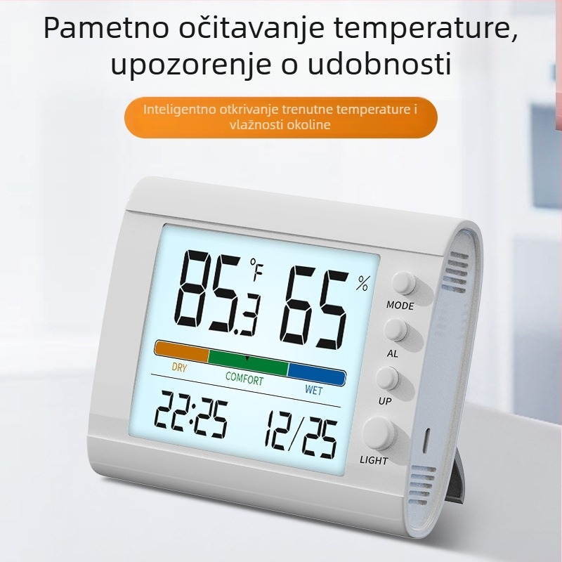Inteligentni elektronički termometar i higrometar za unutarnji prostor, kućni višenamjenski budilnik s vremenom i datumom