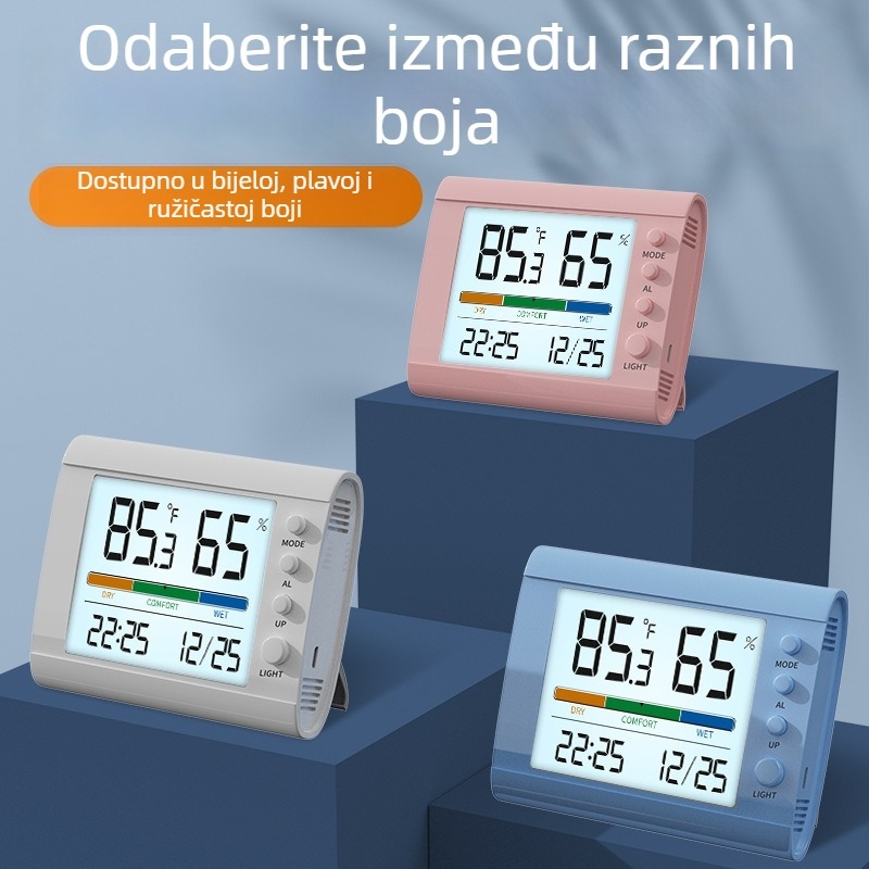 Inteligentni elektronički termometar i higrometar za unutarnji prostor, kućni višenamjenski budilnik s vremenom i datumom
