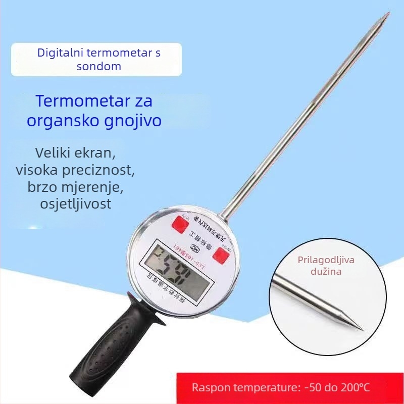 Ručni digitalni termometar s produženom sondom — mjerenje temperature tla, hrpe zrna i organskog komposta, rezolucija 1 stupanj