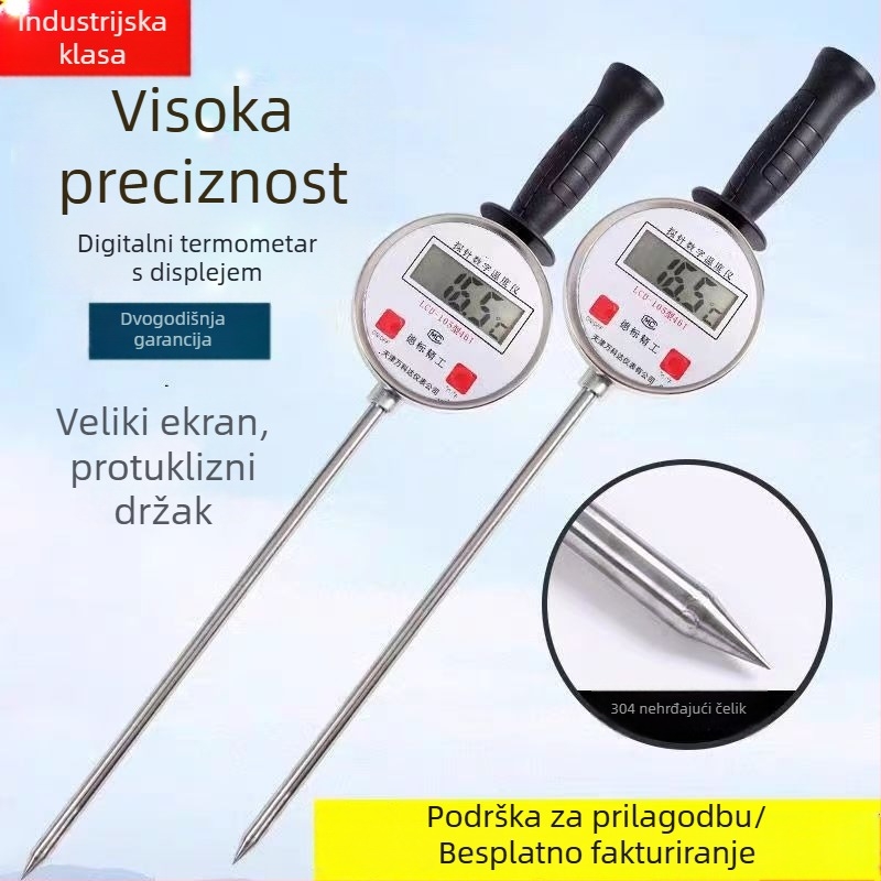 Ručni digitalni termometar s produženom sondom — mjerenje temperature tla, hrpe zrna i organskog komposta, rezolucija 1 stupanj