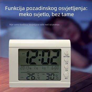 Unutarnji termometar i higrometar s budilicom i senzorom svjetla, s velikim digitalnim zaslonom