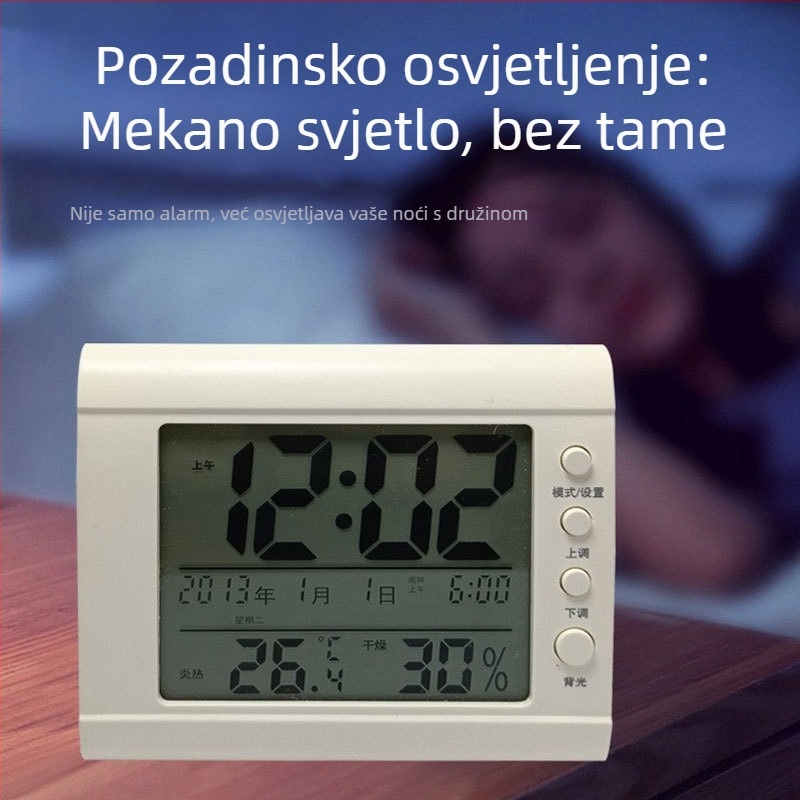 Unutarnji termometar i higrometar s budilicom i senzorom svjetla, s velikim digitalnim zaslonom