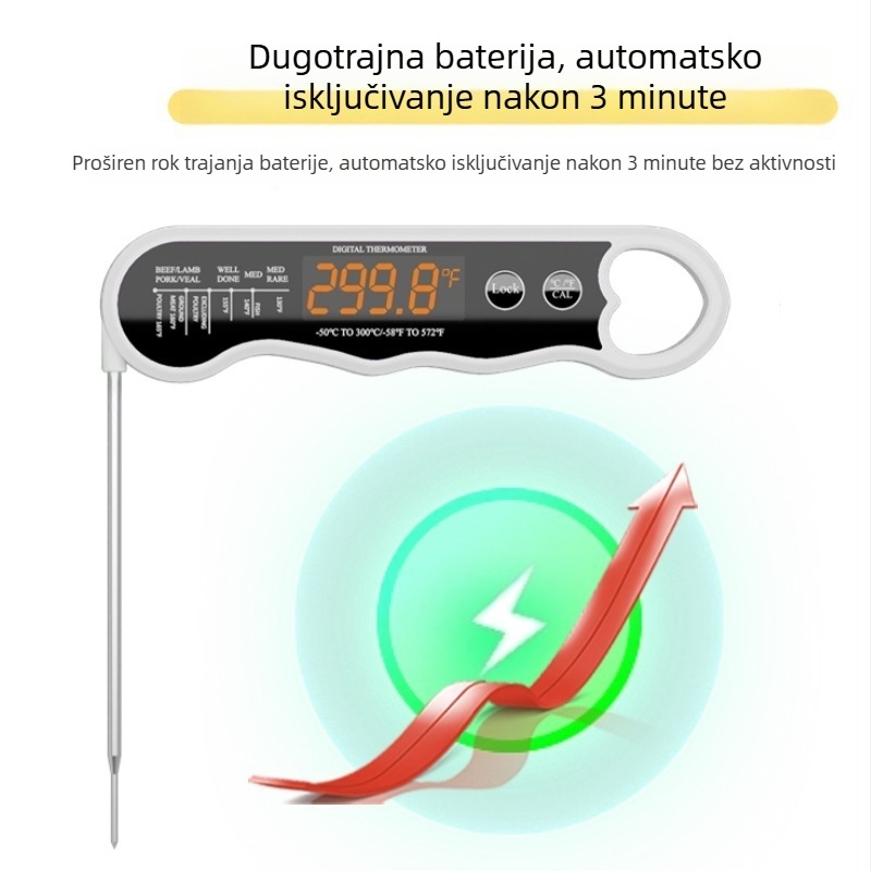 Remison sklopivi, punjivi termometar za meso s LED zaslonom – 0,1°C rezolucija, 94 g, za roštilj, pečenje i kuhinju