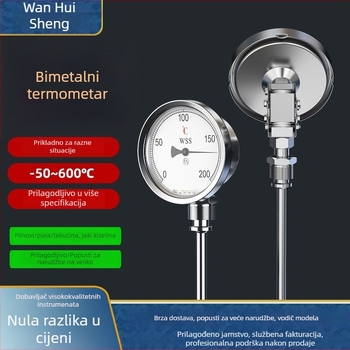Bimetalni termometar za cijevi kotla, nehrđajući čelik, model WSS411/401, industrijski termometar, otporan na visoke temperature