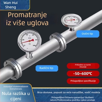 Bimetalni termometar za cijevi kotla, nehrđajući čelik, model WSS411/401, industrijski termometar, otporan na visoke temperature