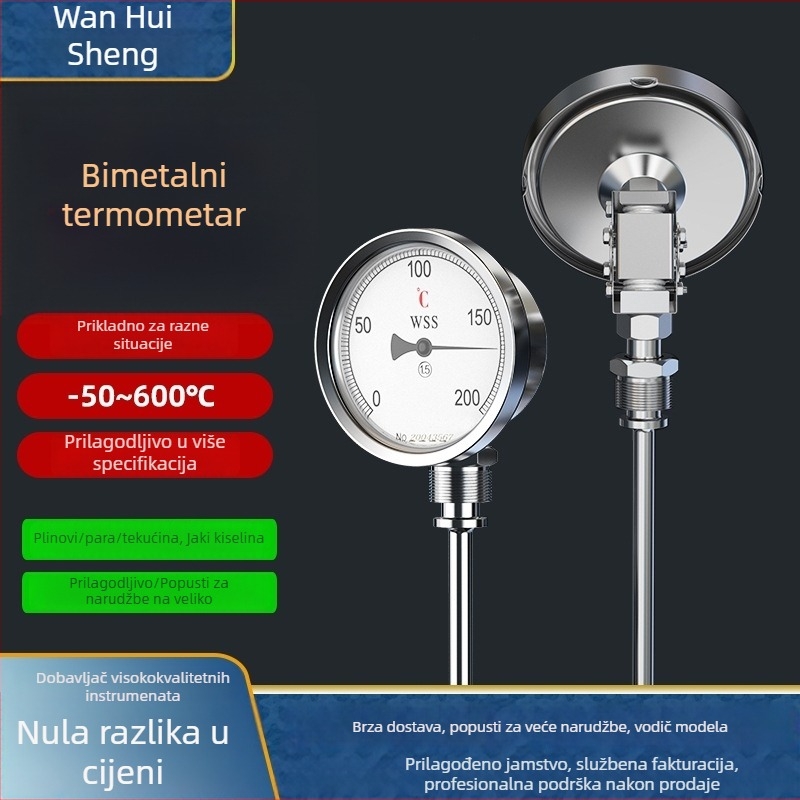 Bimetalni termometar za cijevi kotla, nehrđajući čelik, model WSS411/401, industrijski termometar, otporan na visoke temperature