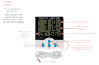 HTC-2A digitalni mjerač temperature i vlage za unutarnju/ vanjsku upotrebu, raspon temperature: vanjska -50 do 70°C, unutarnja -10 do +50°C; vlažnost 10–99%; točnost temperature 0.1°C; rezolucija temperature 0.1°C; rezolucija vlage 1%.