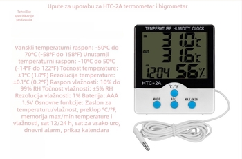 HTC-2A digitalni mjerač temperature i vlage za unutarnju/ vanjsku upotrebu, raspon temperature: vanjska -50 do 70°C, unutarnja -10 do +50°C; vlažnost 10–99%; točnost temperature 0.1°C; rezolucija temperature 0.1°C; rezolucija vlage 1%.