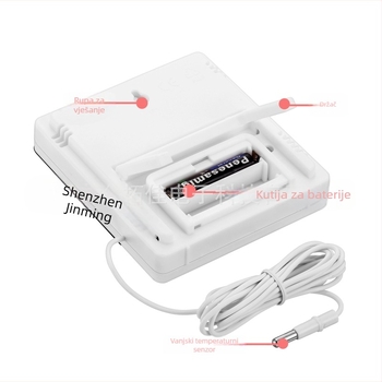 HTC-2A digitalni mjerač temperature i vlage za unutarnju/ vanjsku upotrebu, raspon temperature: vanjska -50 do 70°C, unutarnja -10 do +50°C; vlažnost 10–99%; točnost temperature 0.1°C; rezolucija temperature 0.1°C; rezolucija vlage 1%.