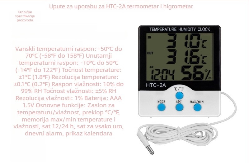 HTC-2A digitalni mjerač temperature i vlage za unutarnju/ vanjsku upotrebu, raspon temperature: vanjska -50 do 70°C, unutarnja -10 do +50°C; vlažnost 10–99%; točnost temperature 0.1°C; rezolucija temperature 0.1°C; rezolucija vlage 1%.